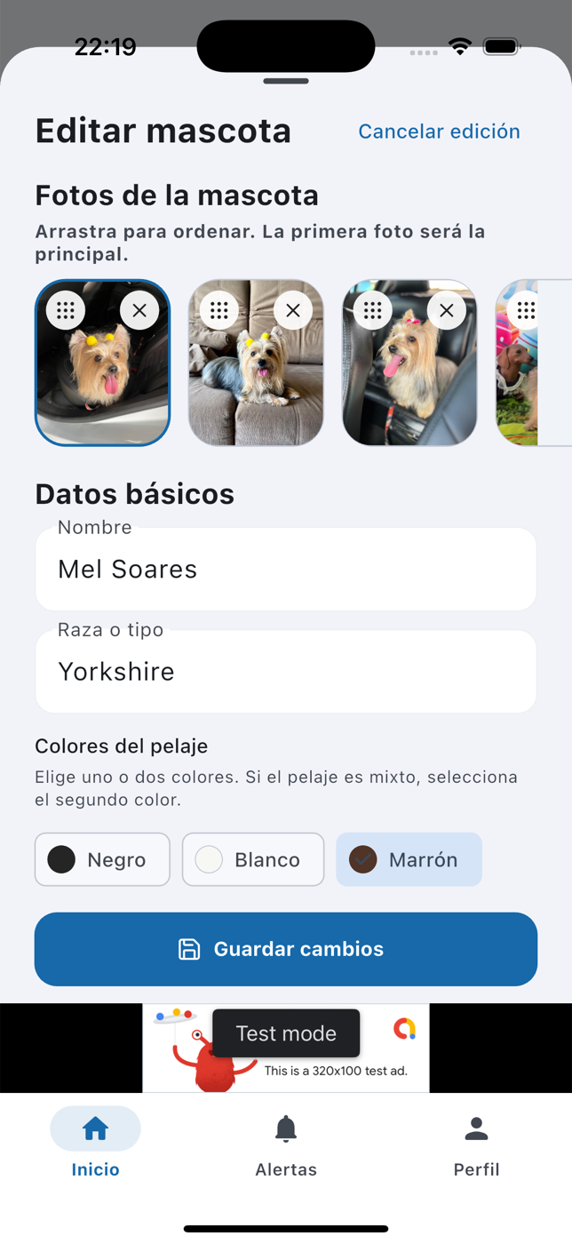 Tela de edição do pet com galeria, raça e cores da pelagem